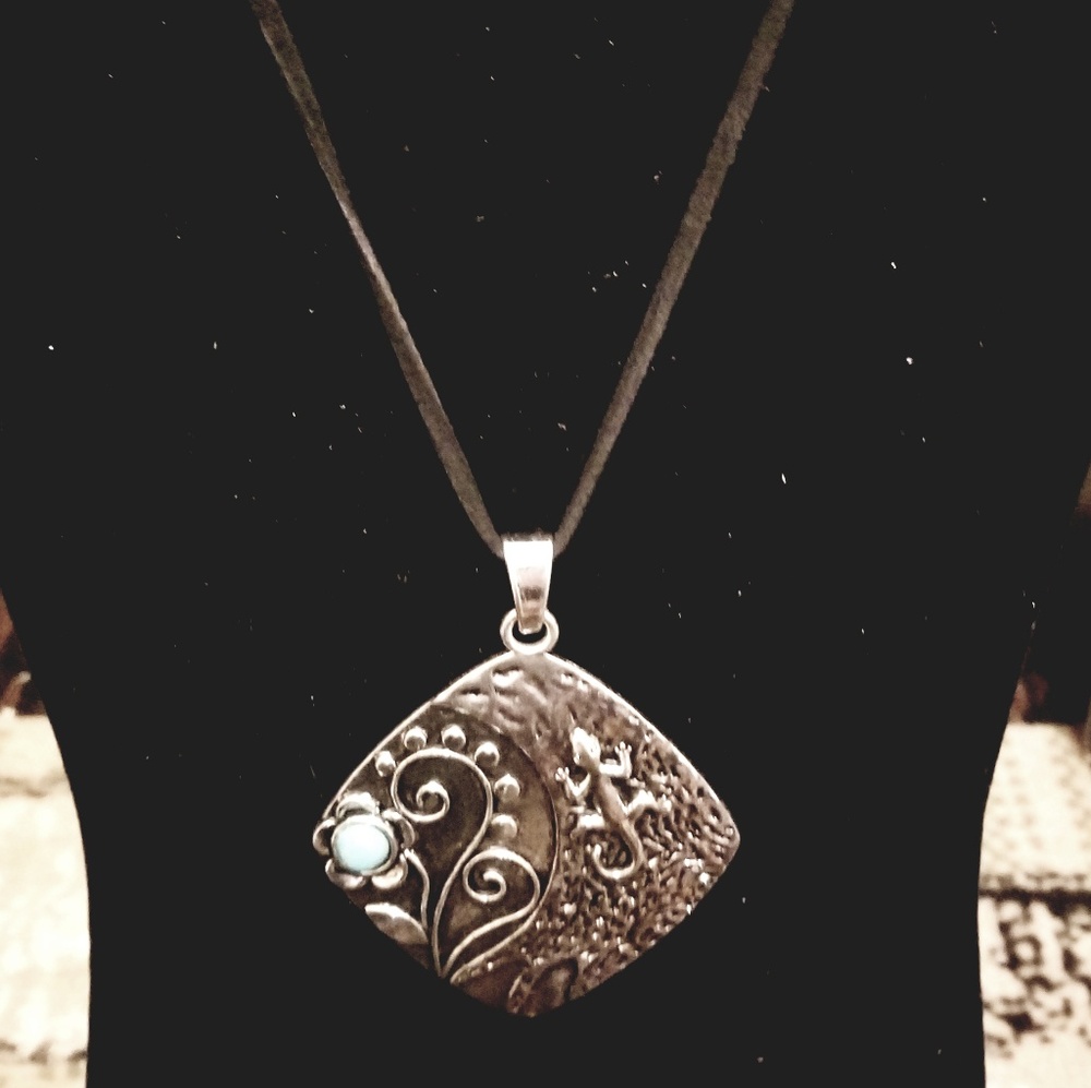 Salamander and Turquoise Flower Silver Pendant Nec